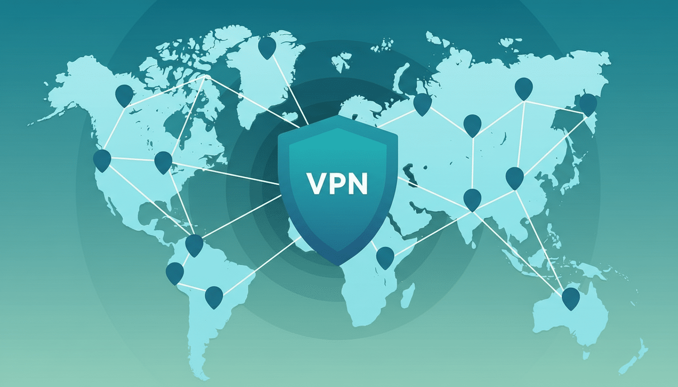 A professional 16:9 aspect ratio image featuring a shield with VPN in the center, overlaid on a world map with connected nodes, against a gradient background.