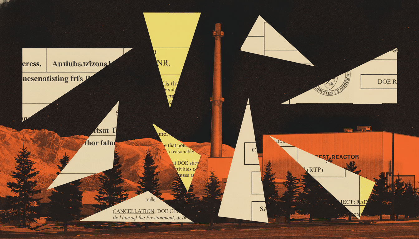 A 16:9 aspect ratio image featuring a central industrial smokestack against a dark, starry sky, flanked by pine trees and a building. Overlaid are fragmented, triangular pieces of a document with text and the Department of Energy seal.