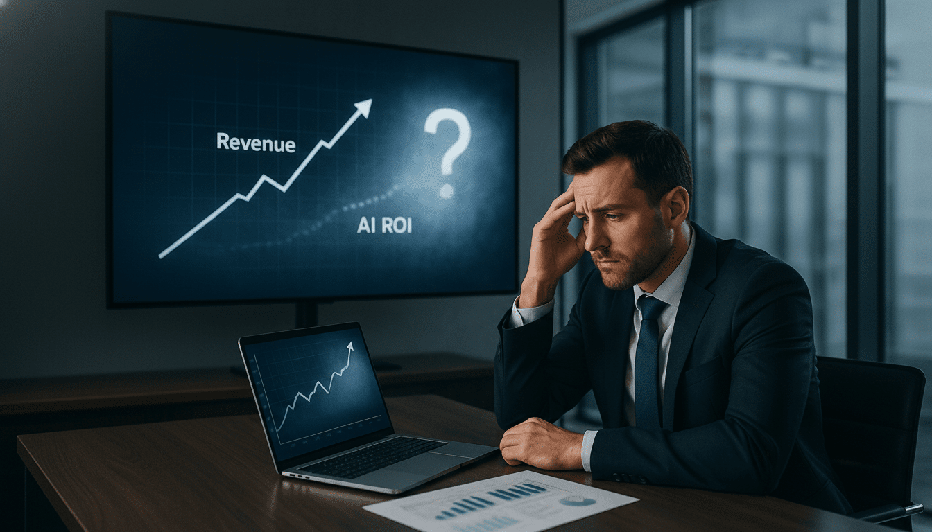 A man in a suit sits at a desk, looking stressed, with a laptop and papers in front of him. Behind him, a large screen displays a graph showing Revenue increasing and AI ROI with a question mark.
