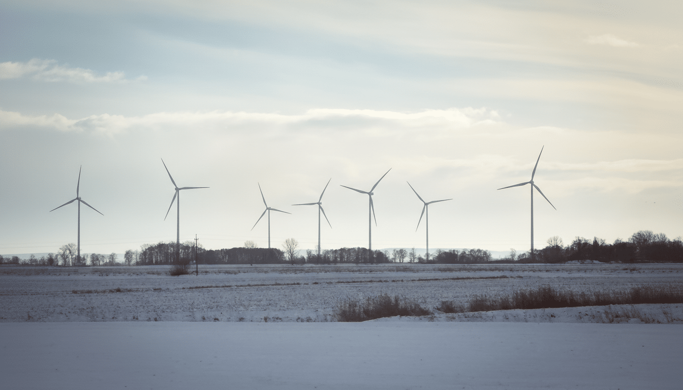 A row of wind turbines stands tall against a cloudy sky, overlooking a snow-covered field with a line of trees in the background.