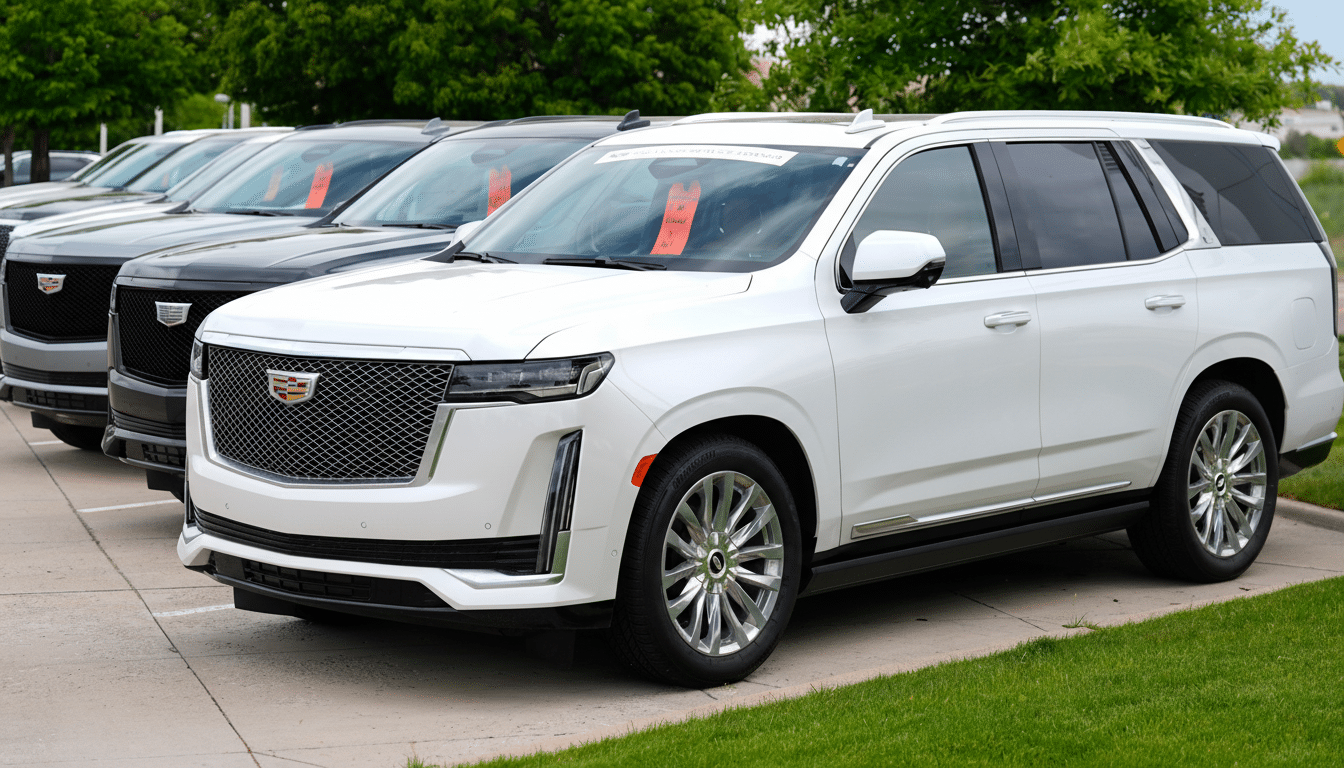 A row of Cadillac Escalades parked outdoors, with a white one in the foreground.