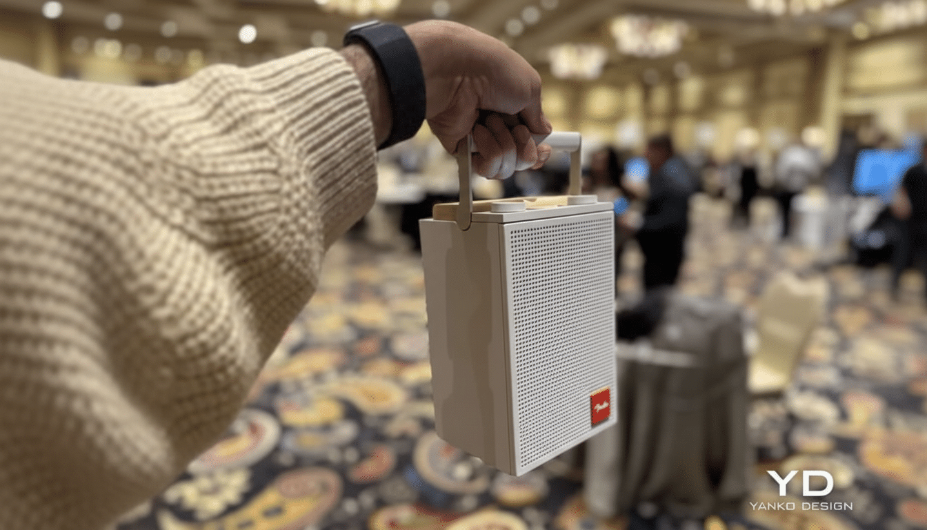 A person holding a white portable speaker with a red Fender logo in a convention hall.