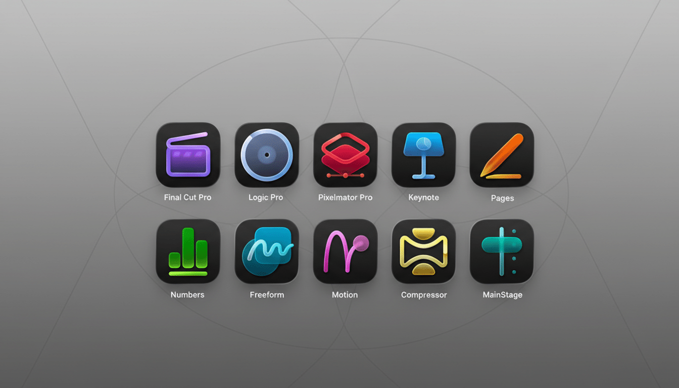 A 16:9 aspect ratio image displaying ten Apple application icons (Final Cut Pro, Logic Pro, Pixelmator Pro, Keynote, Pages, Numbers, Freeform, Motion, Compressor, MainStage) arranged in two rows on a professional flat gray background with subtle circular patterns.