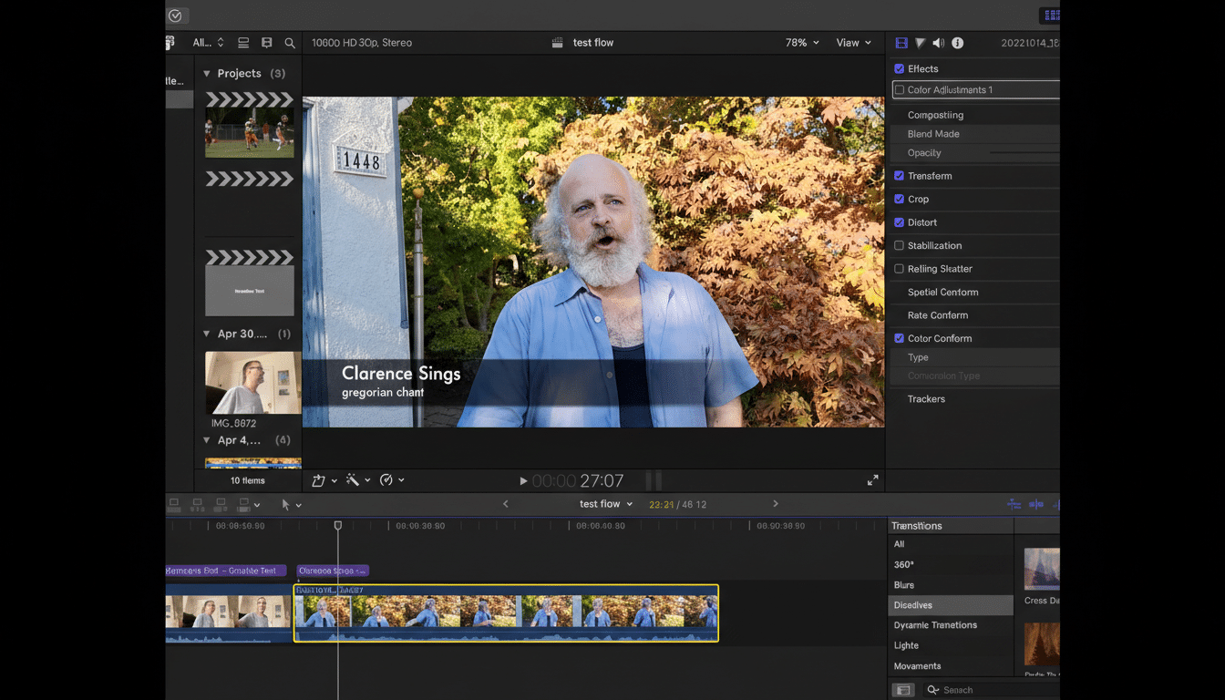 A screenshot of a video editing software interface, showing a man with a beard singing in a video frame, with various editing tools and timelines visible.