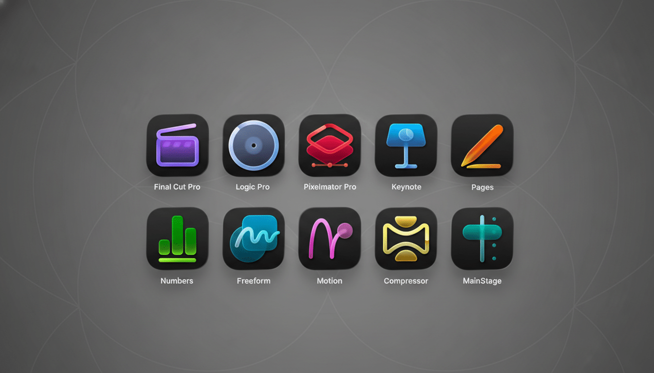 A 16:9 aspect ratio image displaying ten application icons on a professional flat gray background with subtle geometric patterns. The icons, from left to right, top to bottom, are Final Cut Pro, Logic Pro, Pixelmator Pro, Keynote, Pages, Numbers, Freeform, Motion, Compressor, and MainStage.
