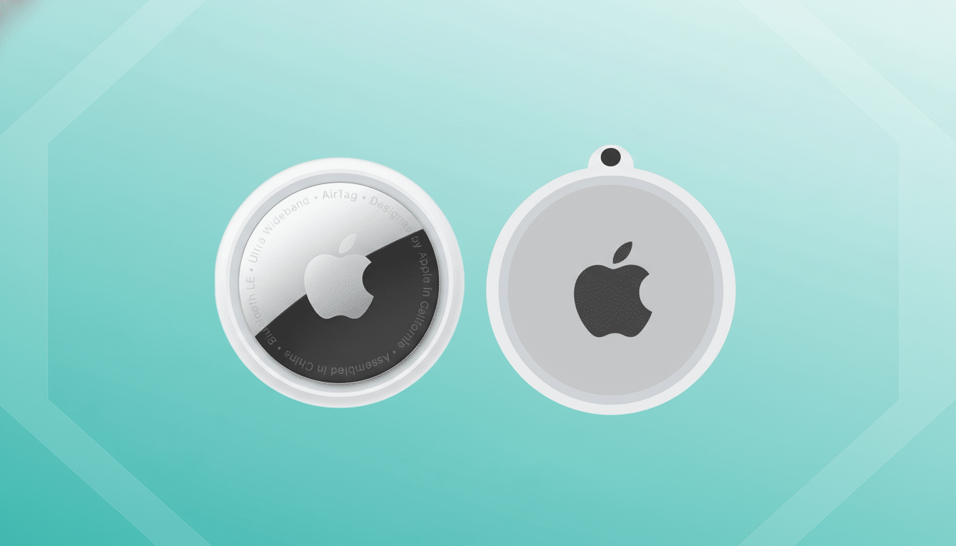 Two Apple AirTags, one showing the front with the Apple logo and text, and the other showing the back with a dark Apple logo, against a teal background with subtle geometric patterns.