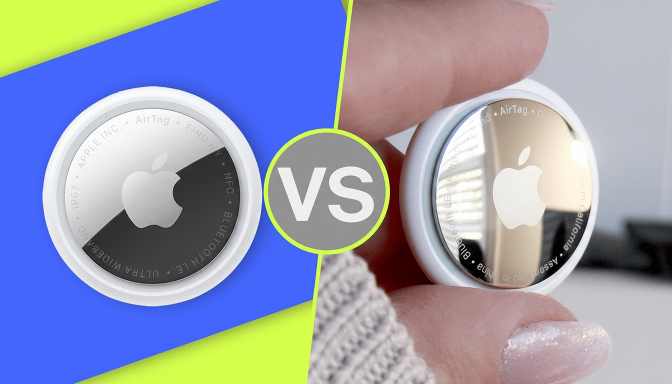 A comparison image of two Apple AirTags, one on the left with a black center and one on the right held by a hand, both showing the Apple logo and product information.