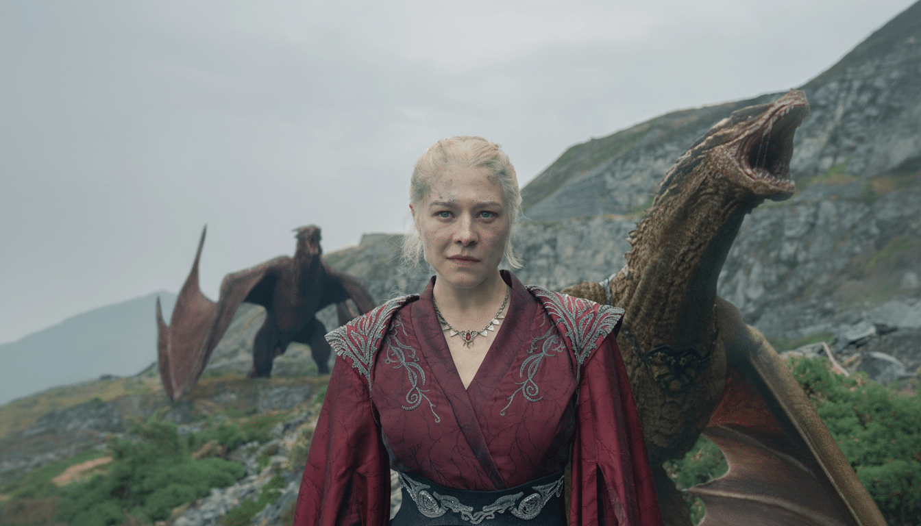 A woman with blonde hair and a red and black dress stands in the foreground, with two dragons in the background on a rocky, overcast landscape.