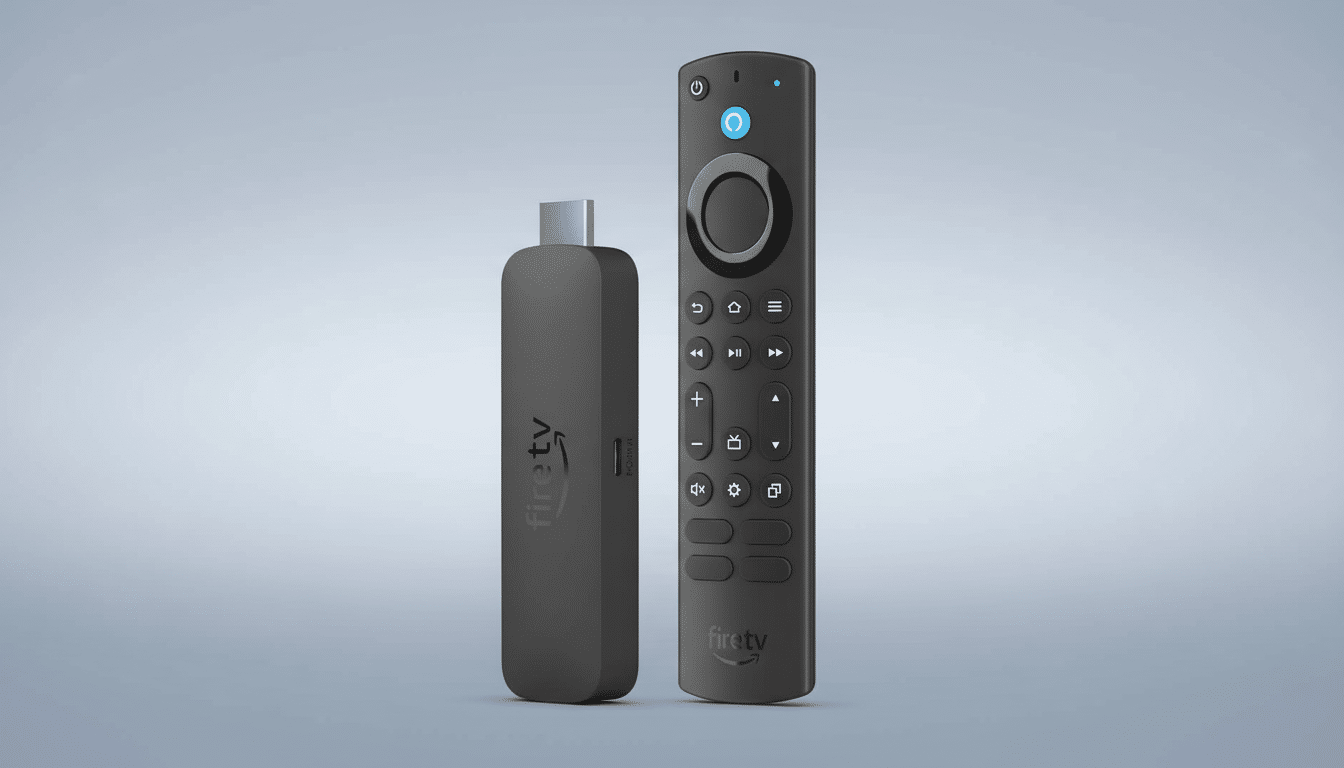 A black Amazon Fire TV Stick and its remote control are displayed side-by-side on a professional light blue gradient background.