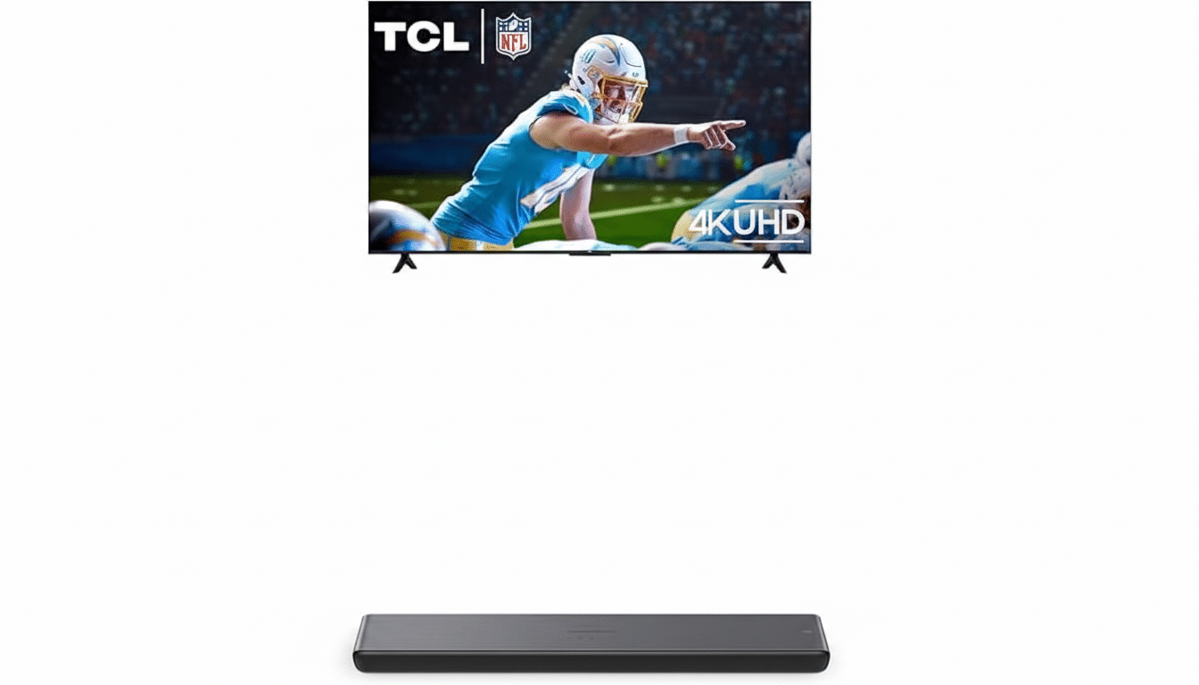 A TCL 4K UHD television displaying an NFL football game, with a soundbar positioned below it.