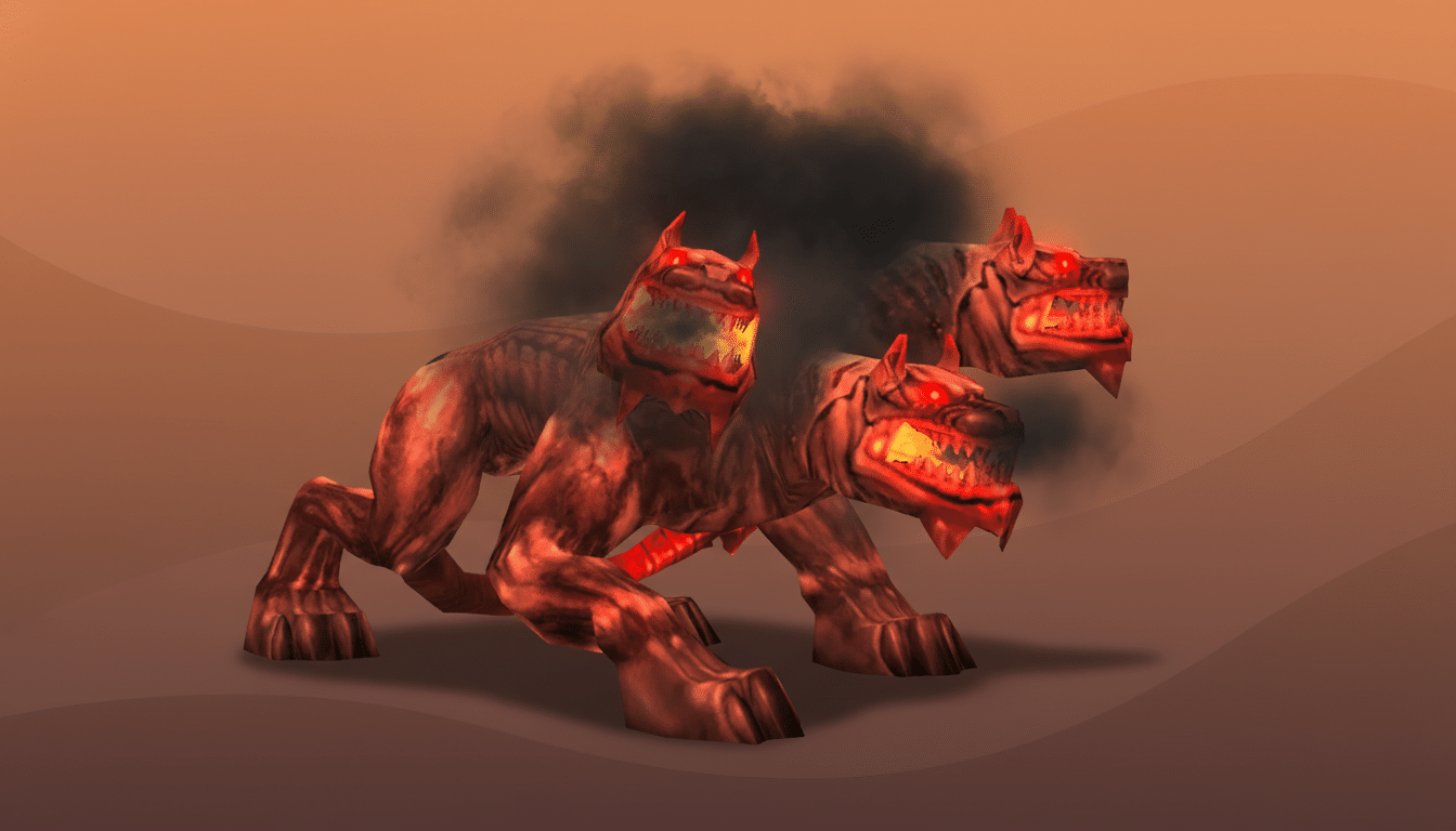 A three-headed dog with glowing red eyes and mouths, standing on a professional flat design background with soft orange and brown gradients.