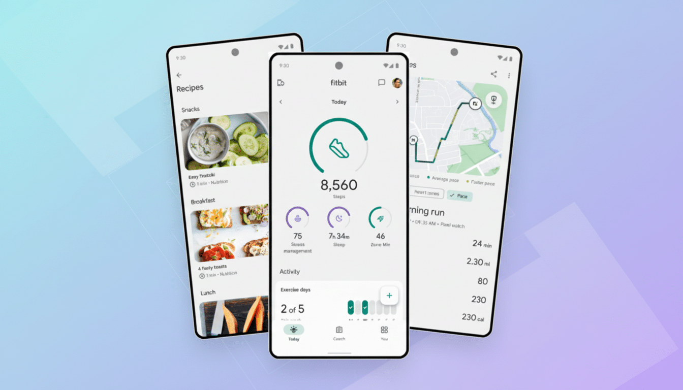 Three smartphones displaying different screens of a fitness and recipe app, set against a professional flat design background with soft purple and blue gradients.