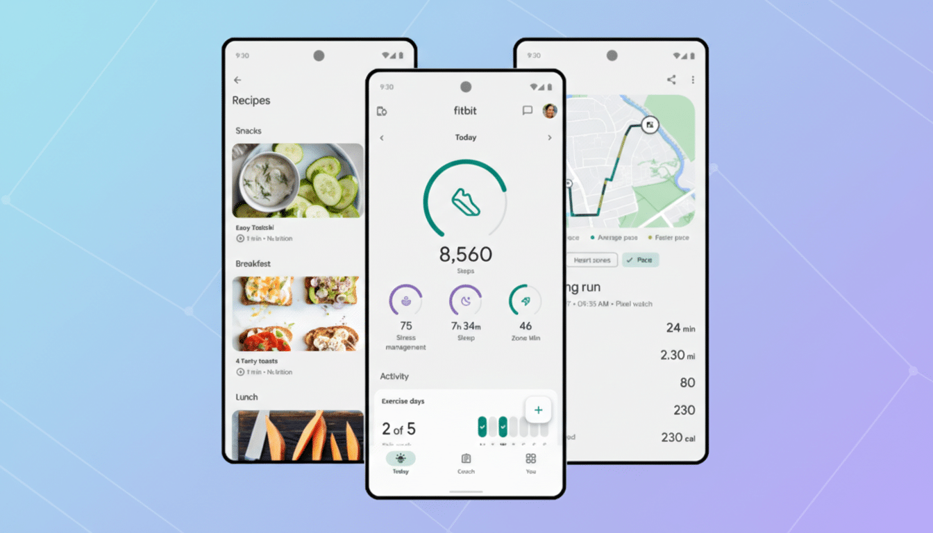 Three mobile phones displaying different screens of a health and fitness app. The left phone shows a recipe list, the middle phone displays a Fitbit dashboard with step count and activity, and the right phone shows a map of a running route. The background is a soft gradient of blue and purple.