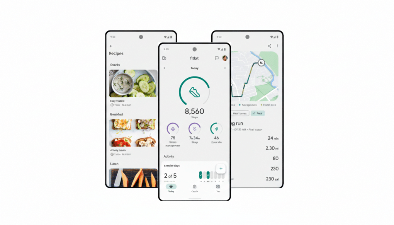 Three smartphones displaying different screens of a fitness and recipe app. The leftmost phone shows a recipe list, the middle phone displays a Fitbit dashboard with step count and activity tracking, and the rightmost phone shows a map of a running route.