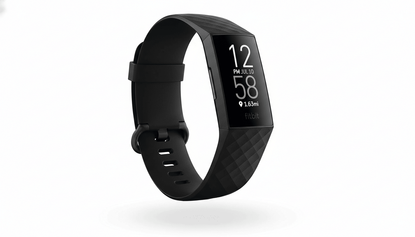 A black Fitbit Charge 5 fitness tracker with a textured band, displaying the time 12:58, date PM JUL 10, and 1.63 miles, presented on a clean white background.