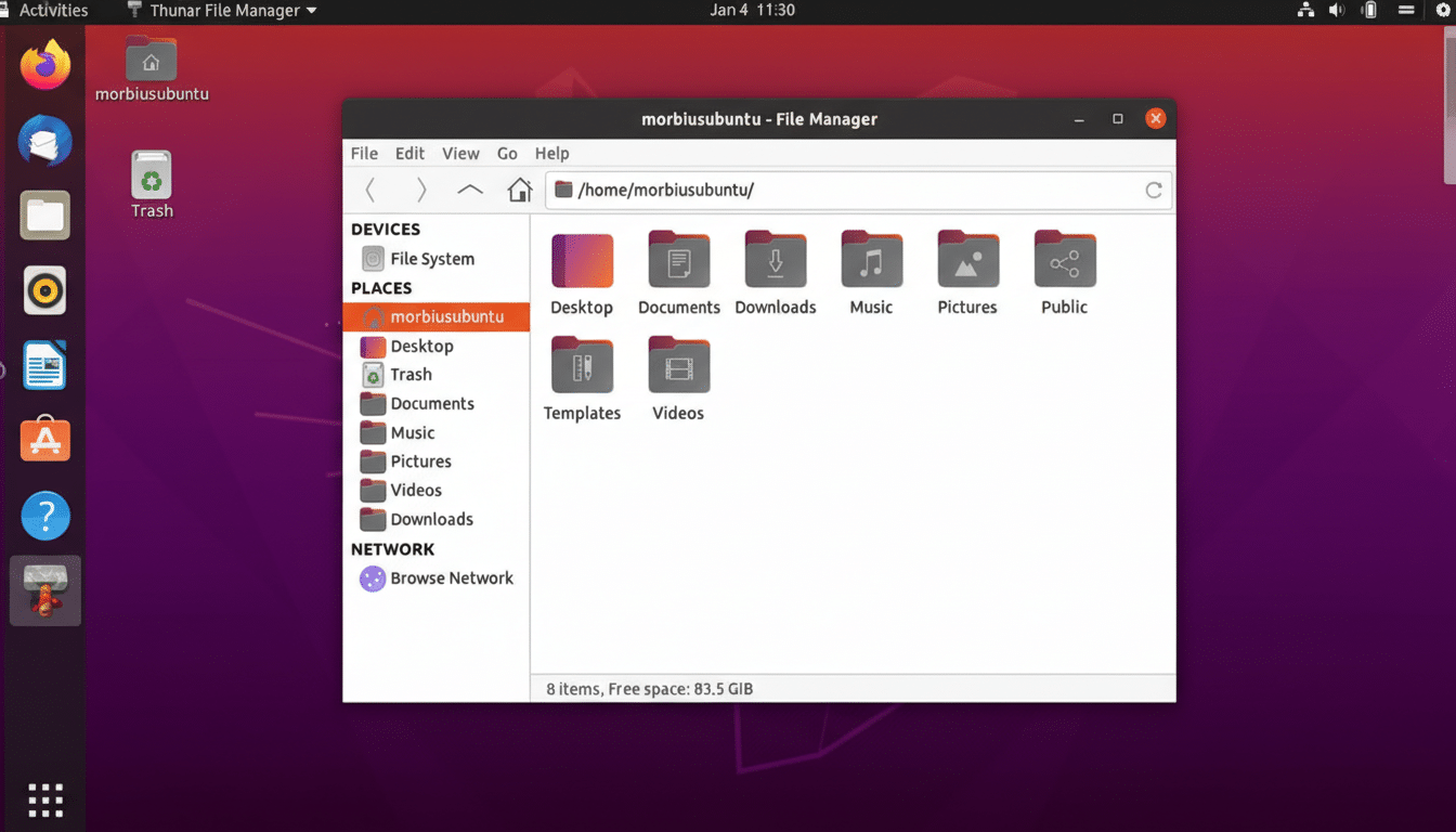 A screenshot of the Ubuntu desktop with the file manager open, displaying various folders and the Thunar File Manager application.