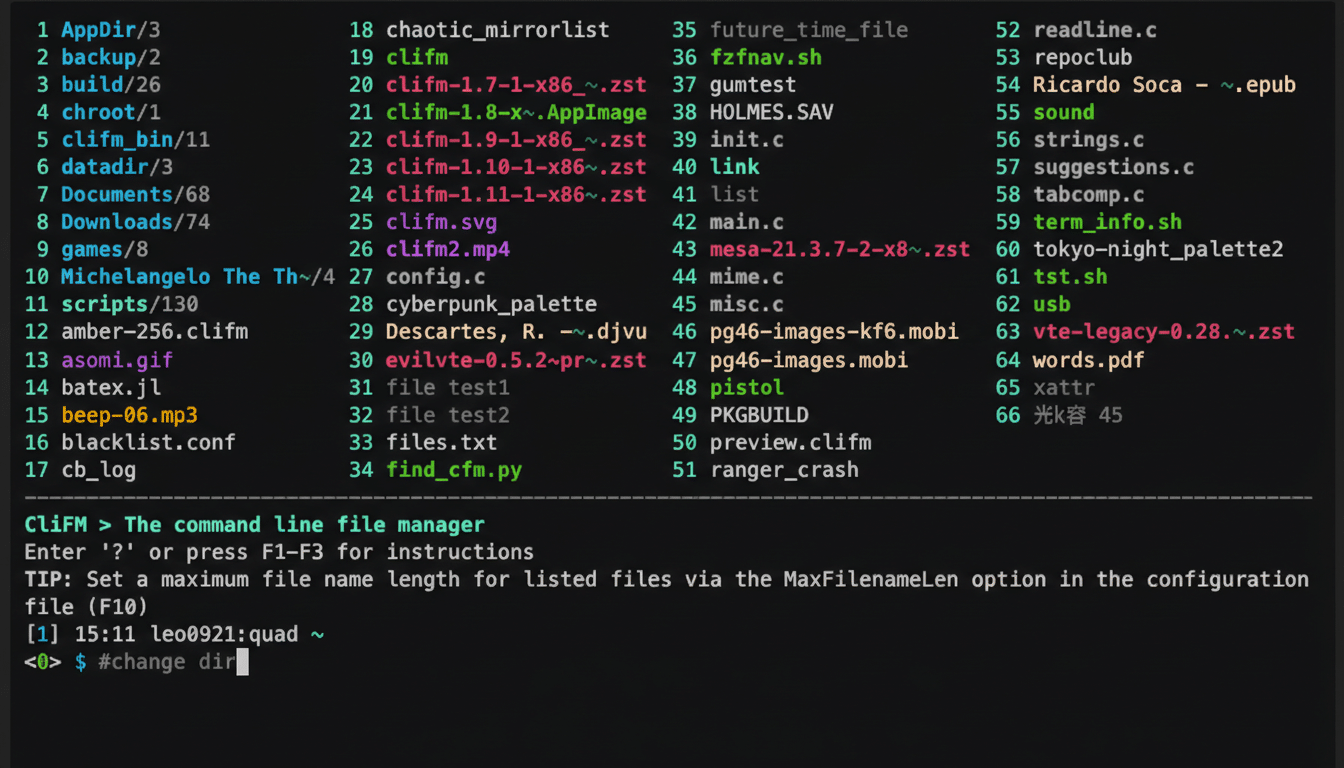 A screenshot of a command-line interface displaying a file manager with various files and directories listed.