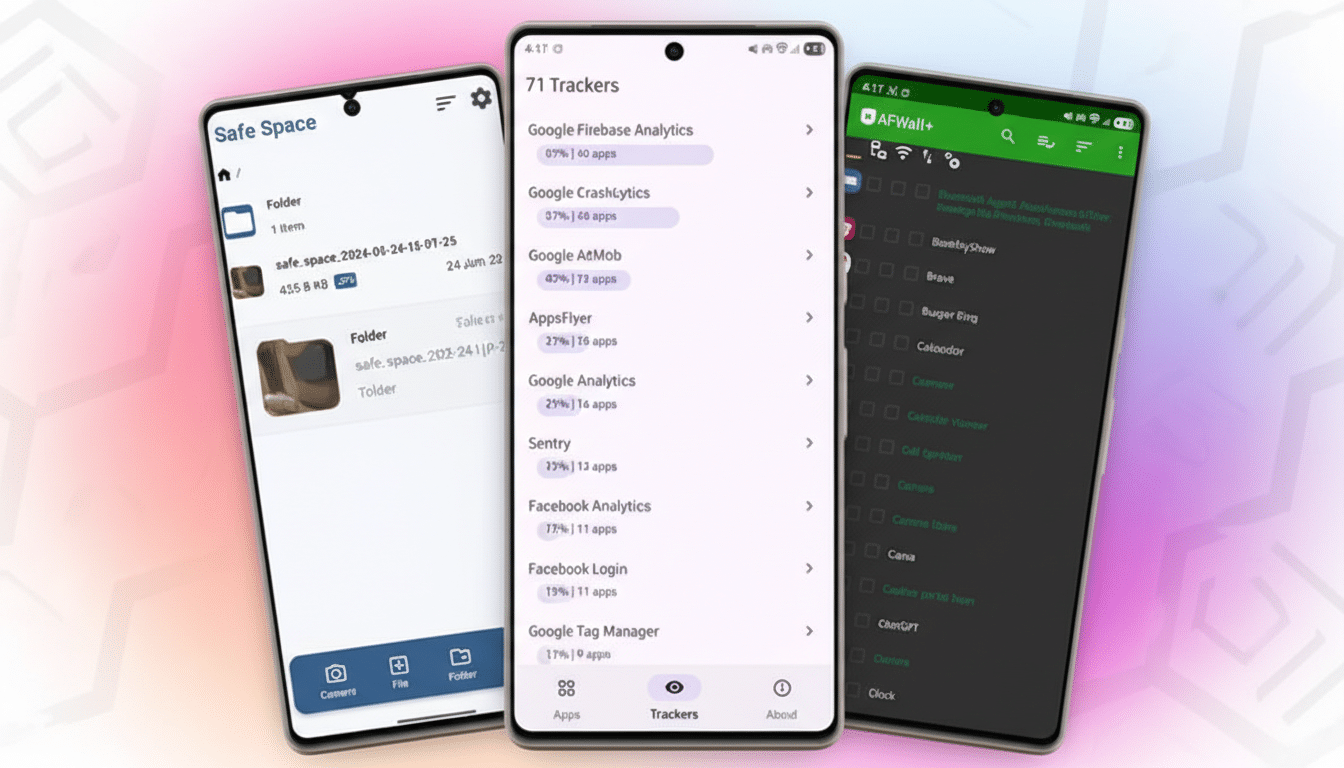 Three smartphones displaying different app interfaces, including a file manager, a tracker list, and an app permissions screen, set against a subtle gradient background.