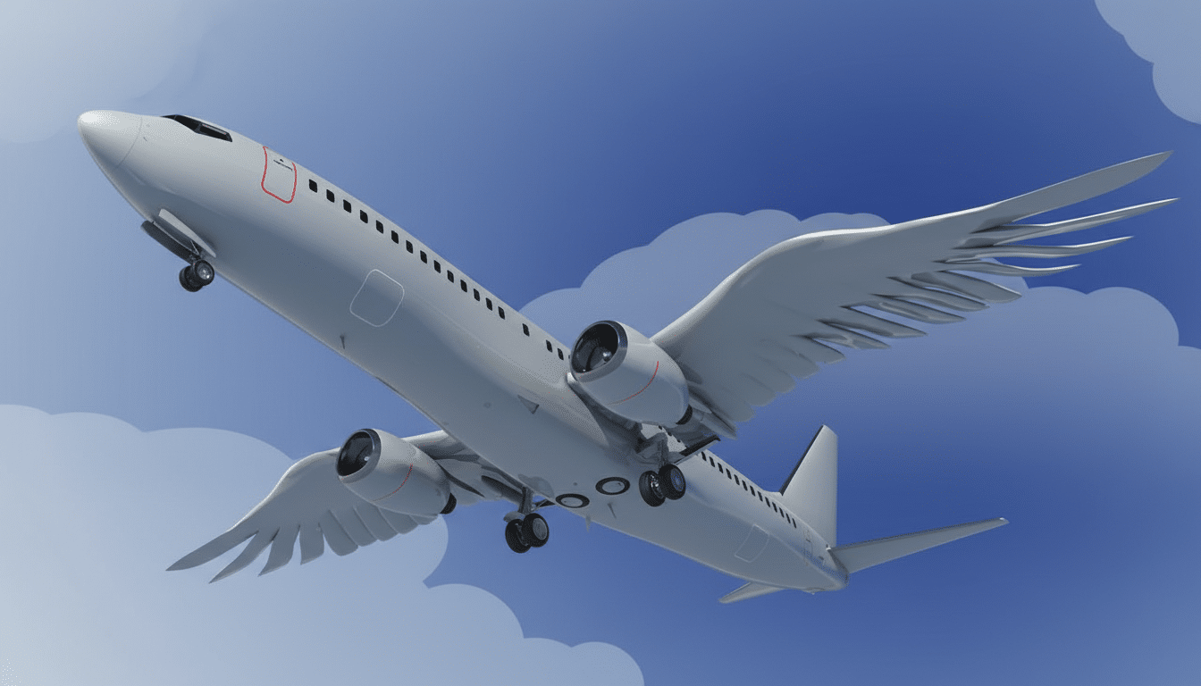 A white airplane with large, feathery wings instead of traditional aircraft wings, flying against a blue sky with soft, cartoon-like clouds.