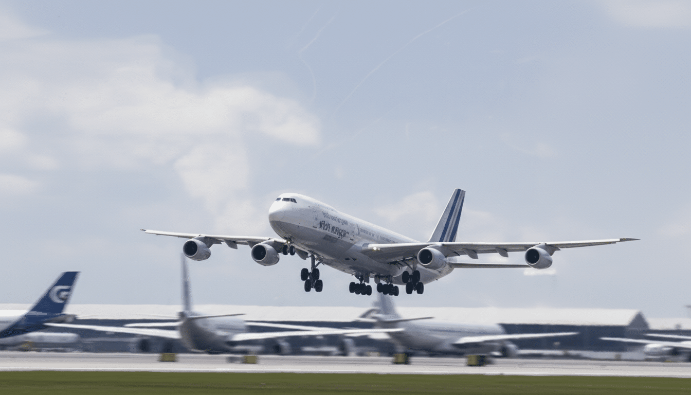 A large passenger airplane taking off from an airport runway, with other airplanes visible in the background.