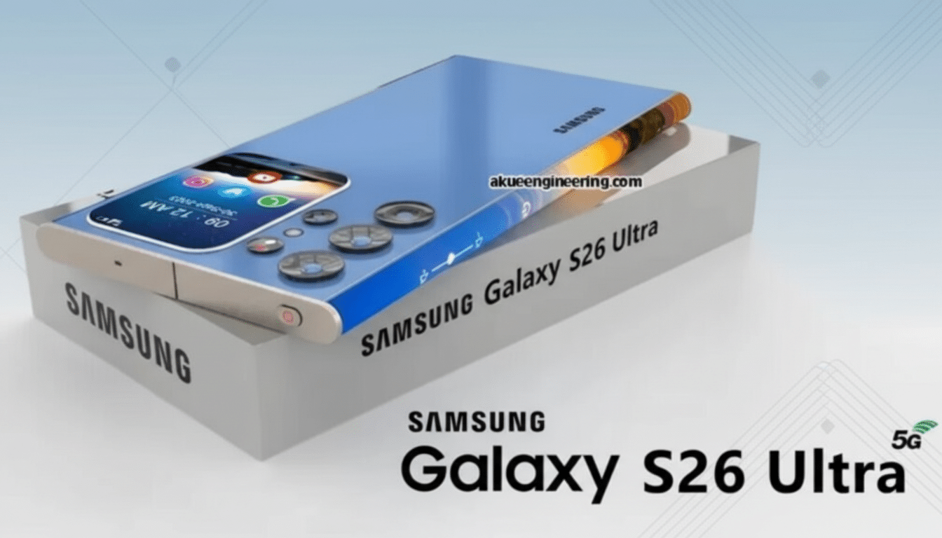 A Samsung Galaxy S26 Ultra phone concept, blue with a gold-orange accent, resting on its white product box. The background is a soft, light blue gradient with subtle geometric patterns.