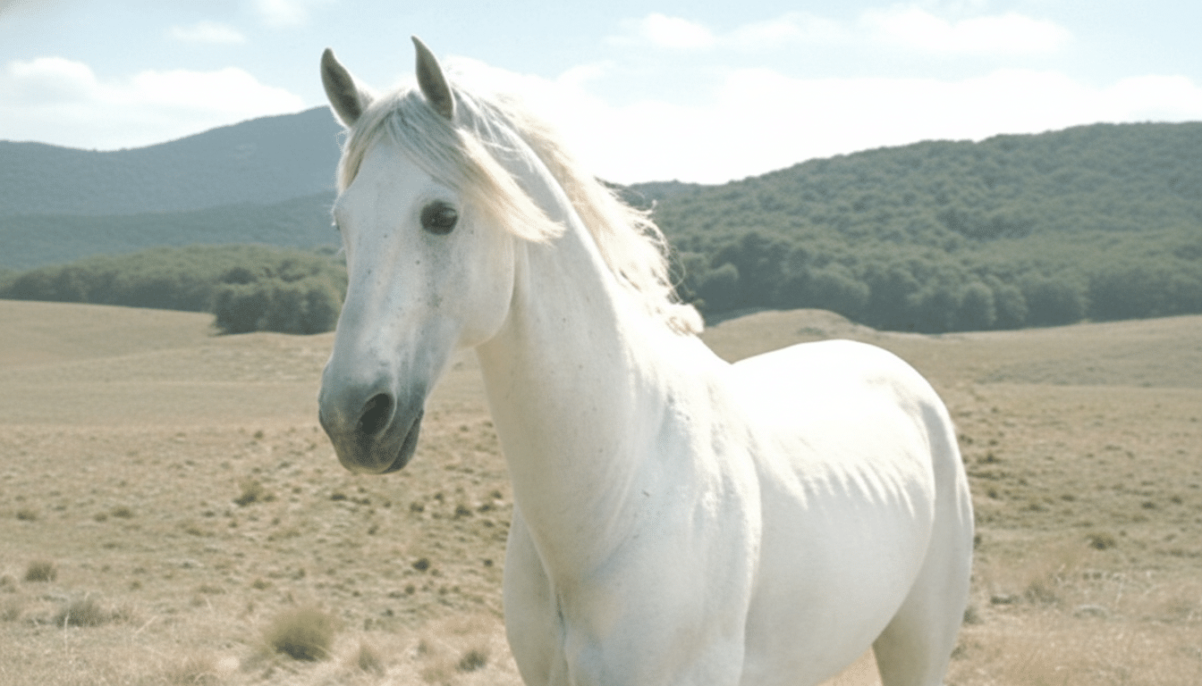 A white horse stands in a field with hills and trees in the background, resized to a 16:9 aspect ratio.
