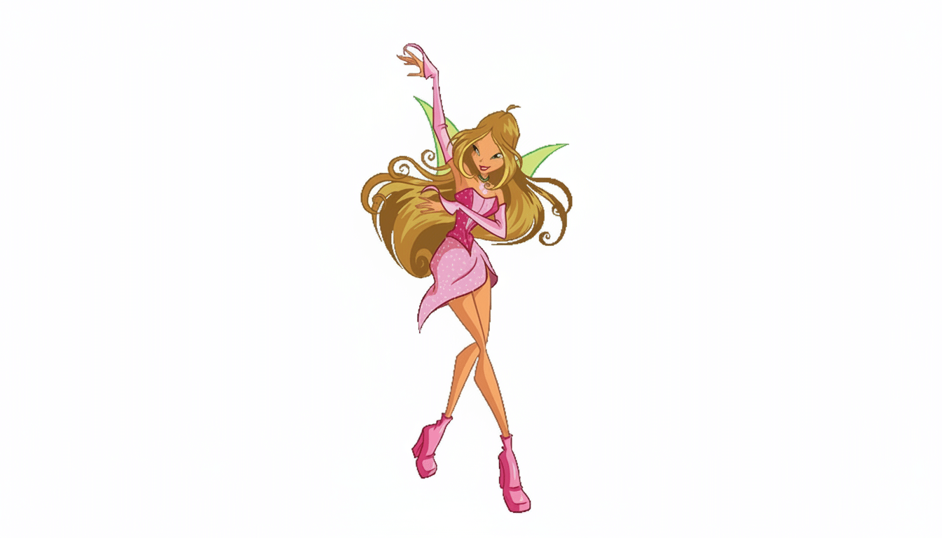 A cartoon fairy with long brown hair, wearing a pink dress and boots, with green wings, standing against a white background.