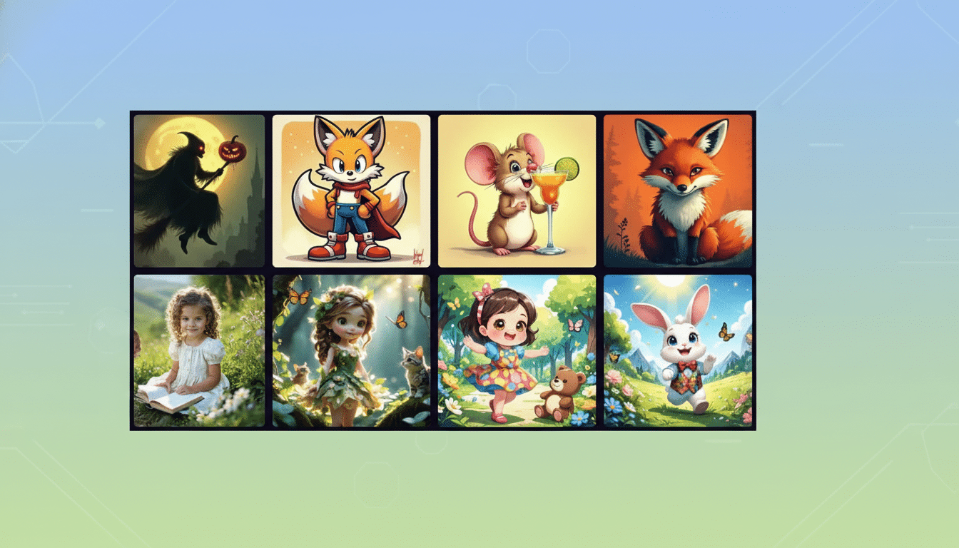 A 16:9 aspect ratio image featuring a grid of eight cartoon-style illustrations, including a spooky figure, a fox, a mouse with a drink, another fox, a girl reading, a fairy-like girl, a girl with a teddy bear, and a rabbit, all set against a professional flat design background with soft blue and green gradients and subtle geometric patterns.