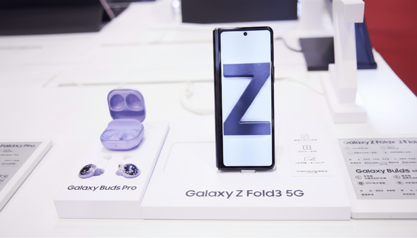 A Samsung Galaxy Z Fold3 5G phone and Galaxy Buds Pro are displayed on white stands in a retail setting.