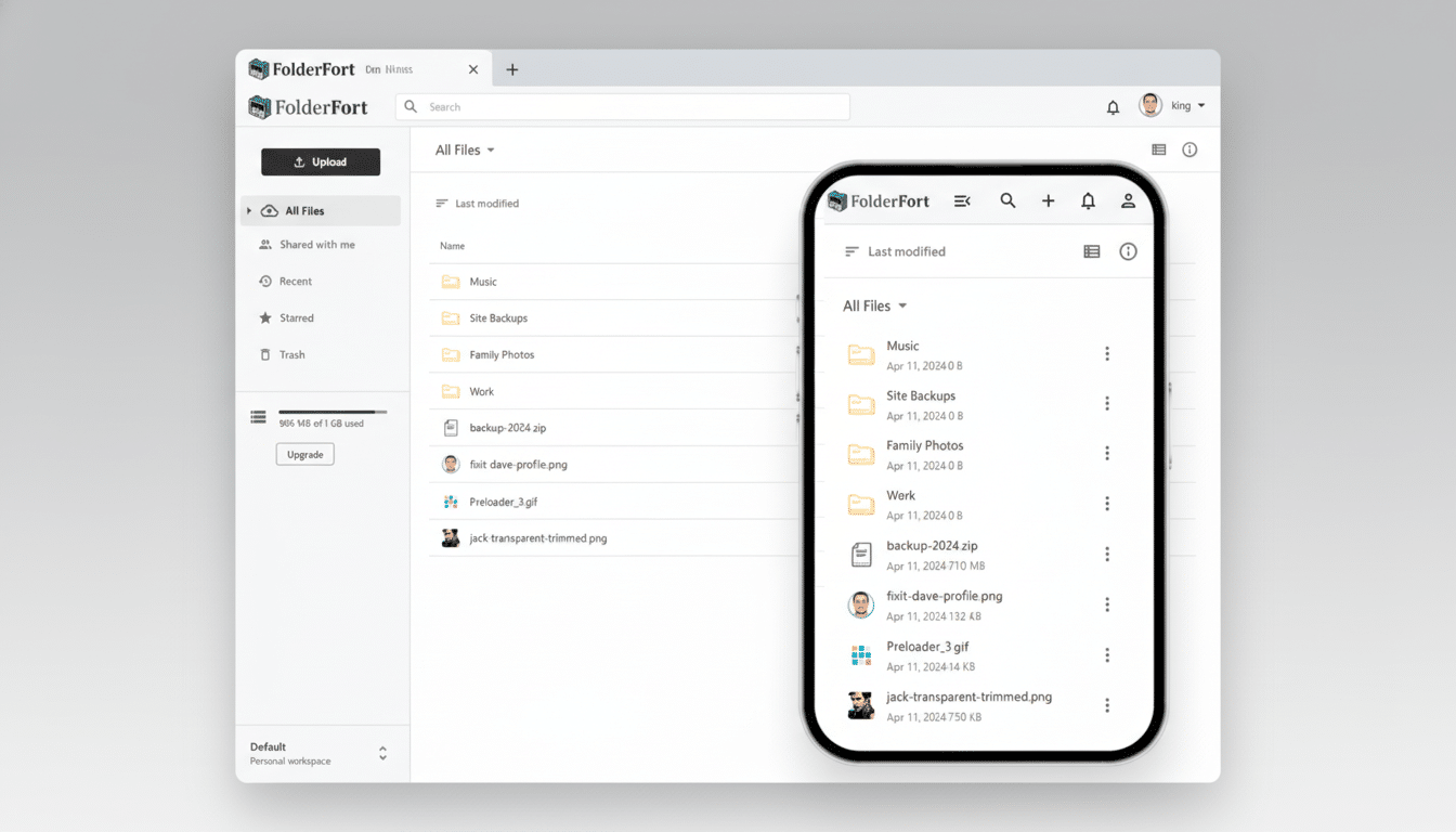 A professional, enhanced image of the FolderFort file management interface on a desktop and a mobile device, presented in a 16:9 aspect ratio.