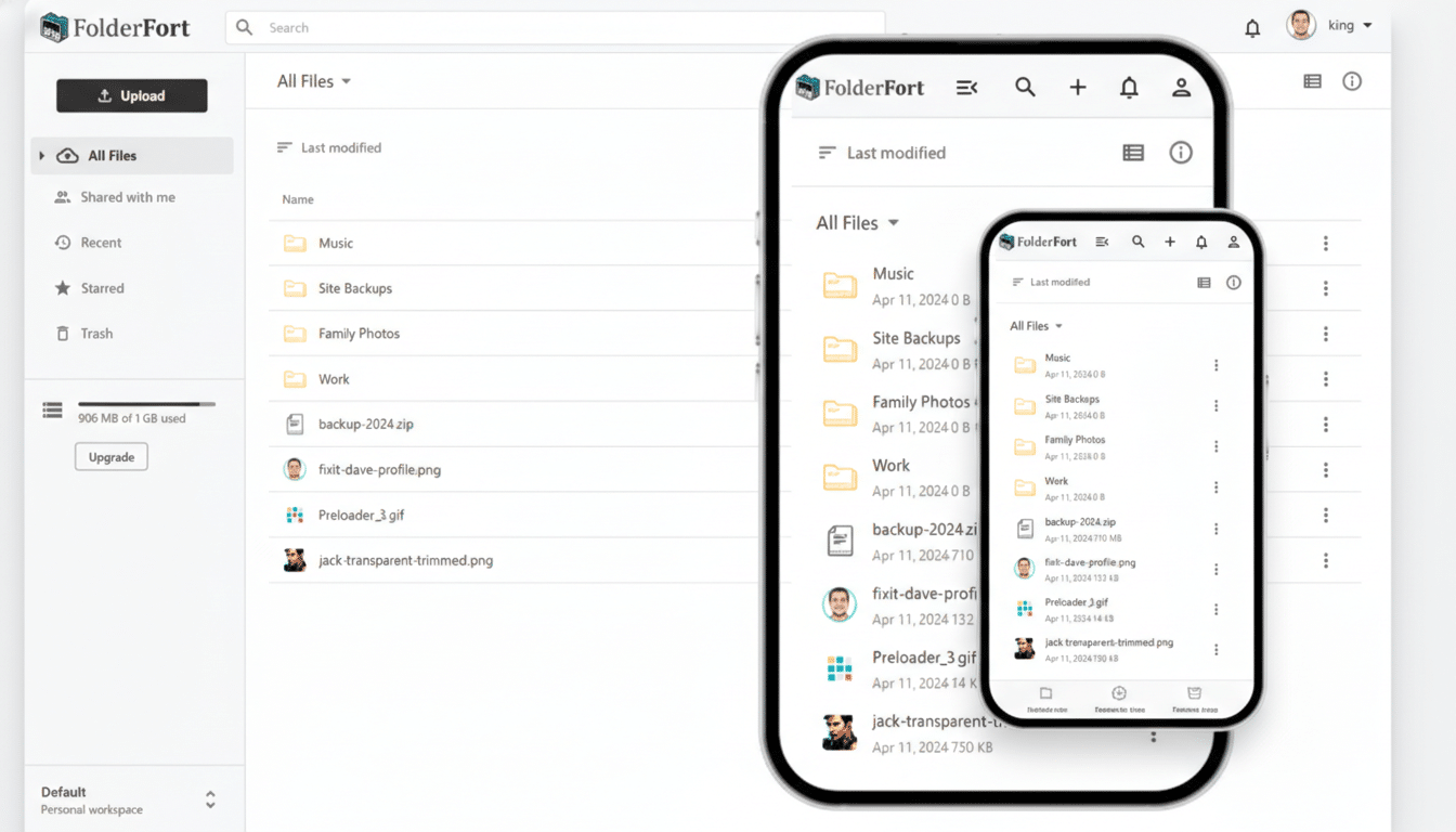 A professional, enhanced image of the FolderFort application interface, displayed on both a desktop and a mobile device, with a 16:9 aspect ratio. The background is a clean, professional flat design with soft gradients, highlighting the applications file management features.