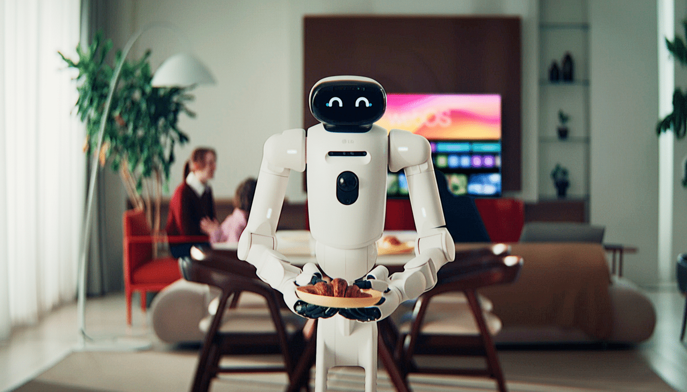 A white robot with a friendly digital face holds a plate of croissants in a living room, with two people and a television in the background.