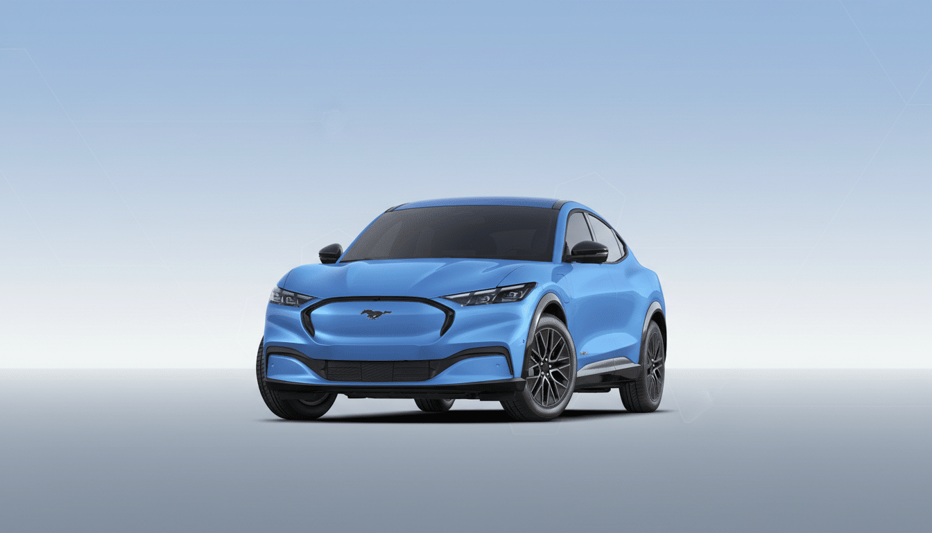 A blue Ford Mustang Mach-E electric SUV is shown from the front at a slight angle, set against a professional, clean background with a subtle blue gradient.