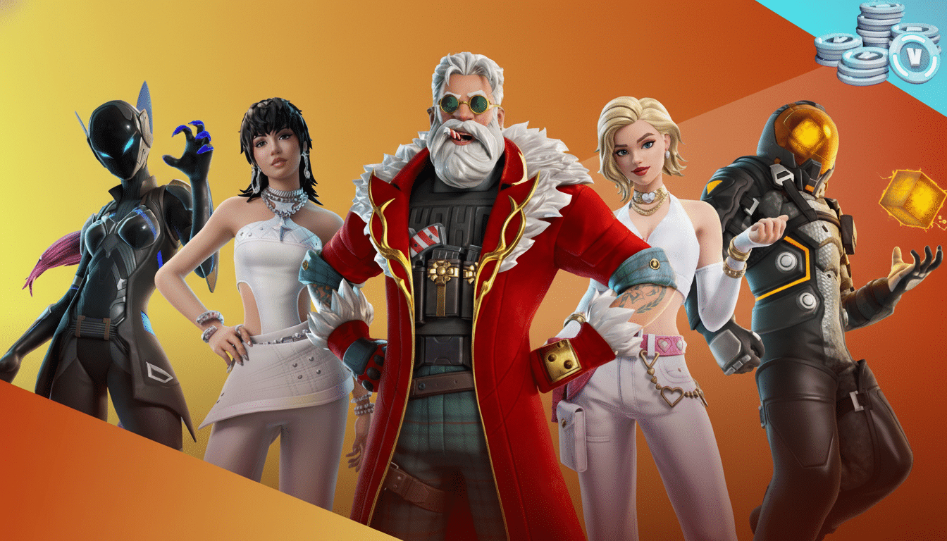 Five Fortnite characters, including a Santa-like figure, standing in a line with a gradient background and V-Bucks in the top right corner.