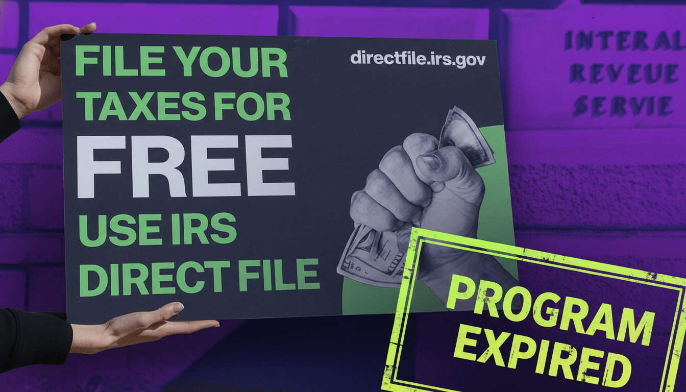 A person holding a sign that says FILE YOUR TAXES FOR FREE USE IRS DIRECT FILE with directfile.irs.gov at the top right and an image of a hand holding money. In the bottom right corner, theres a yellow and black stamp that says PROGRAM EXPIRED. The background is a purple-toned wall.