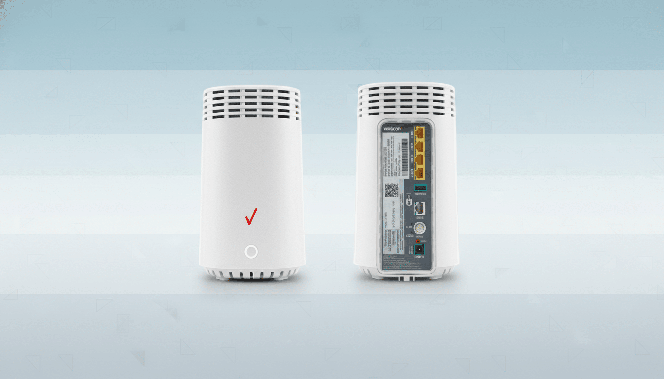 A white Verizon router shown from the front and back, set against a professional light blue gradient background with subtle geometric patterns.