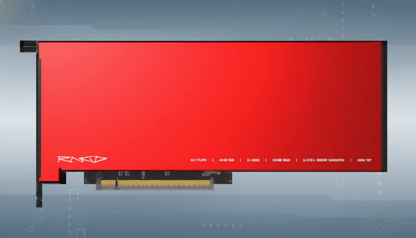 A red rectangular computer component with text specifications, set against a professional flat design background with soft patterns.