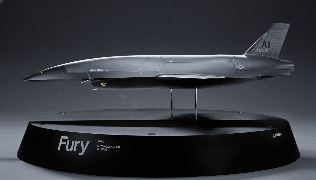 A professional, enhanced image of the Anduril Fury Autonomous Air Vehicle model, presented on a black circular stand against a clean, soft gray gradient background.