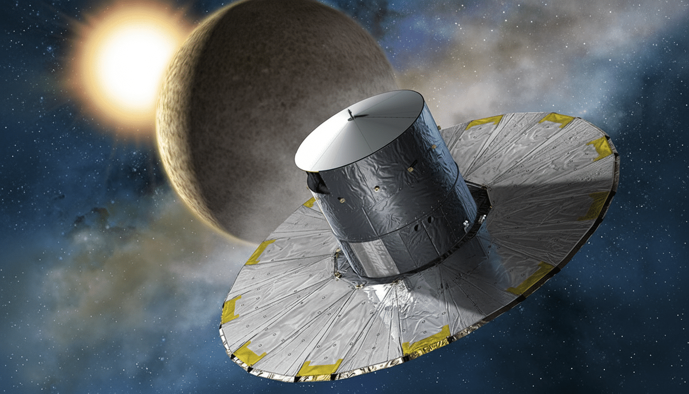 An artistic rendering of the Gaia spacecraft in space, with a large, dark planet and a bright sun-like star in the background. The spacecraft has a cylindrical body with a wide, circular, dish-like base.