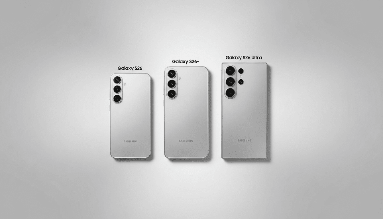 Three silver Samsung Galaxy S26 series phones (S26, S26+, S26 Ultra) are displayed vertically on a professional light gray gradient background.