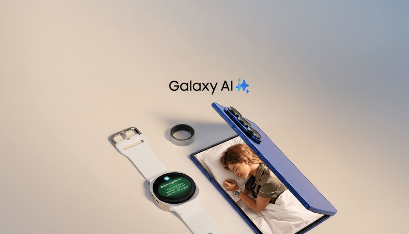 A Samsung Galaxy AI promotional image featuring a white smartwatch, a gray smart ring, and a blue foldable phone displaying a sleeping woman, all arranged on a light gradient background.