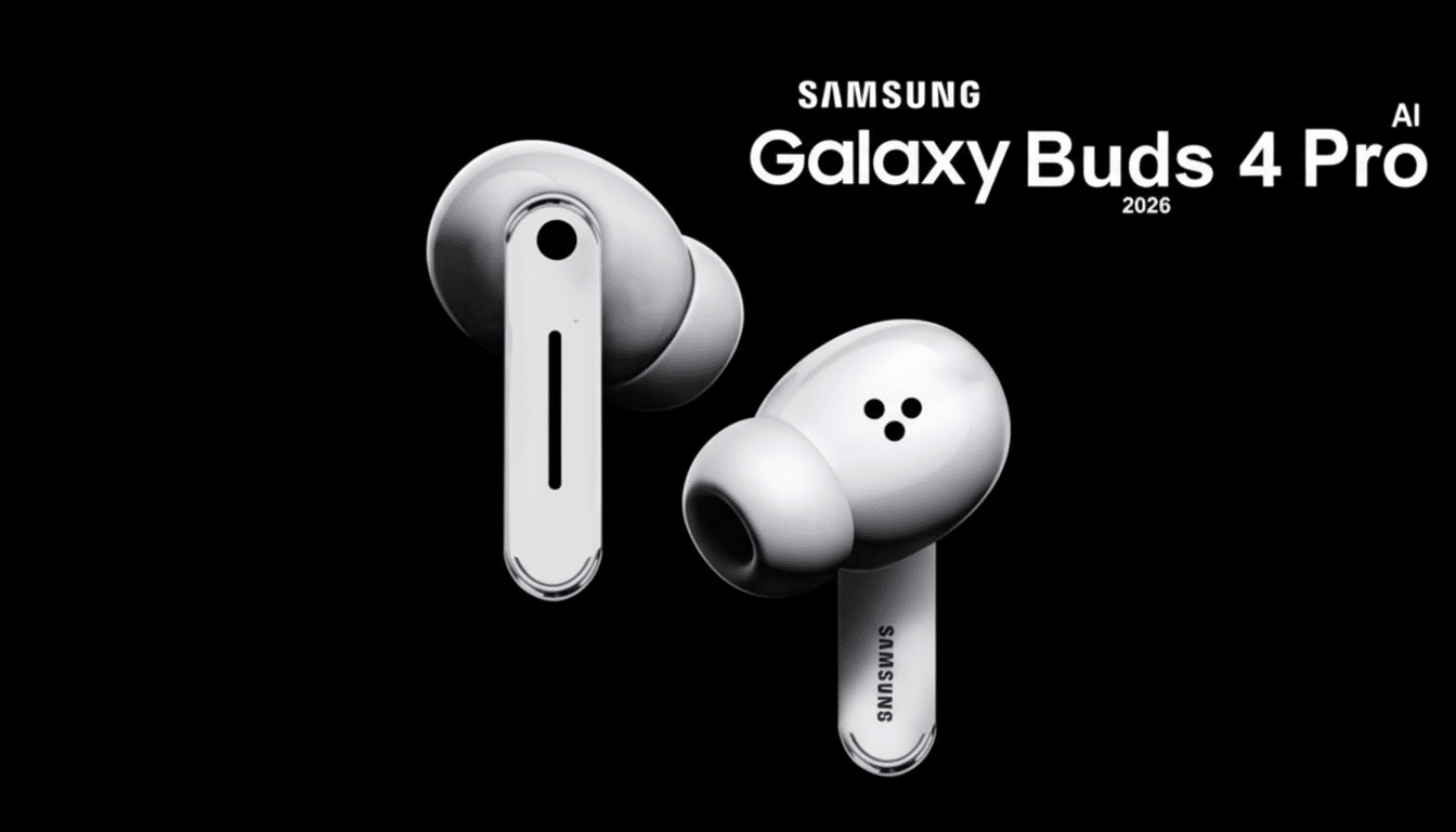 A pair of white Samsung Galaxy Buds 4 Pro earbuds on a black background, resized to a 16:9 aspect ratio.