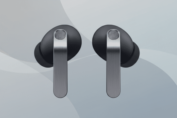 A pair of black and silver wireless earbuds with a professional flat design background featuring soft gray patterns.