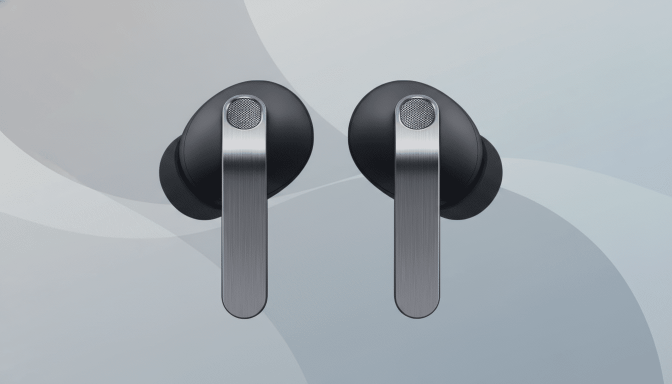 A pair of black and silver wireless earbuds with a professional flat design background featuring soft gray patterns.