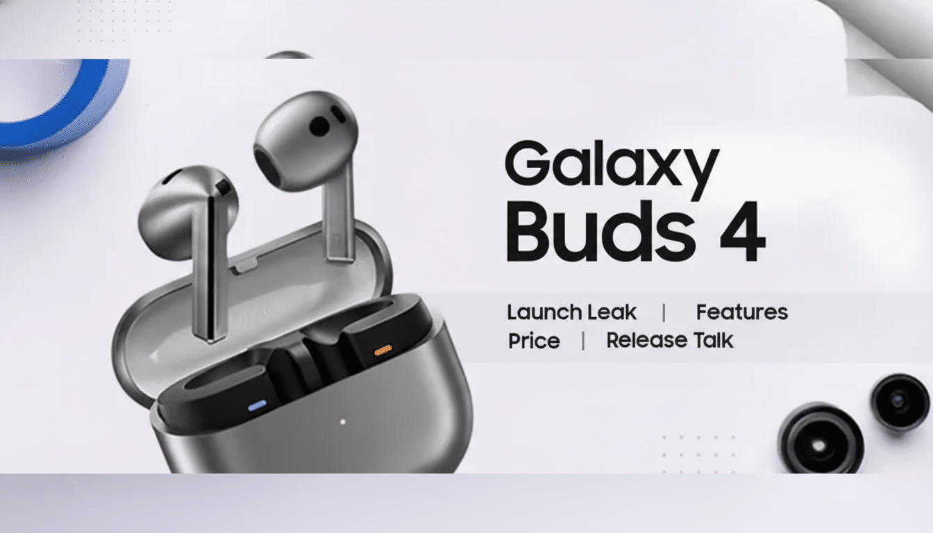 A 16:9 aspect ratio image of Samsung Galaxy Buds 4 in their open charging case, with text Galaxy Buds 4 and Launch Leak | Features | Price | Release Talk on a professional flat design background with soft patterns.