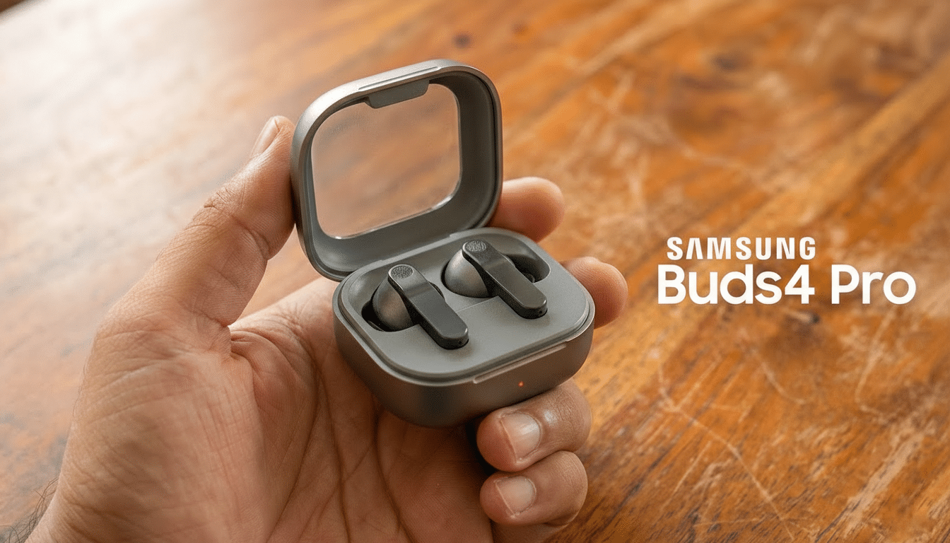 A hand holding an open case of Samsung Buds4 Pro earbuds, with the earbuds visible inside, against a wooden background.