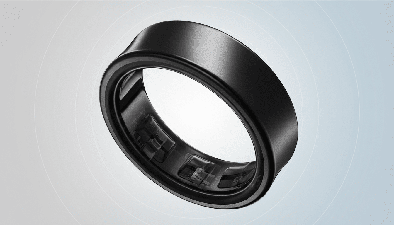A sleek, black smart ring with visible internal components, presented on a professional flat design background with a subtle gradient and soft circular patterns.