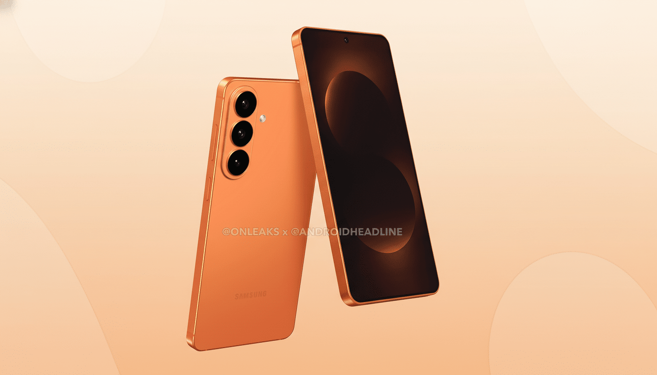 Two orange Samsung smartphones are displayed against a soft, light orange background with subtle, abstract shapes. One phone is seen from the back, showcasing its camera lenses, while the other is angled to reveal its dark screen.