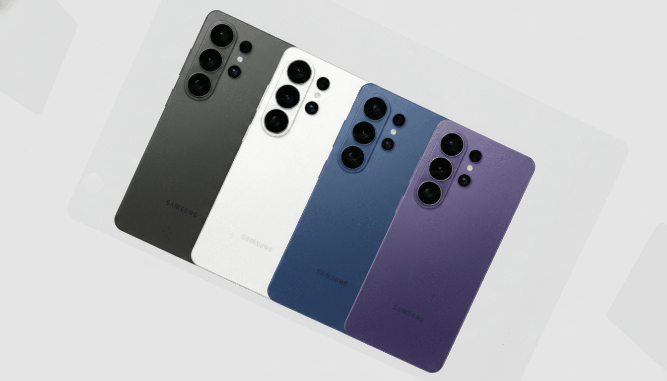 Four Samsung Galaxy S23 Ultra phones in black, white, blue, and purple, arranged diagonally on a professional flat design background with soft patterns.