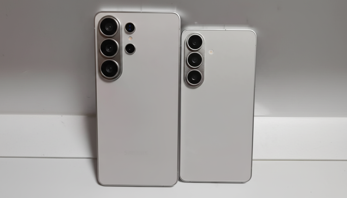Two white Samsung smartphones, one larger than the other, are displayed side-by-side against a light background.